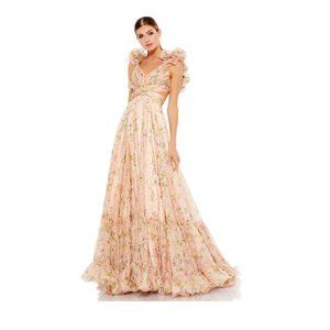 New Size 8 Mac Duggal Ruffle Tiered Floral Cut-Out Chiffon Gown